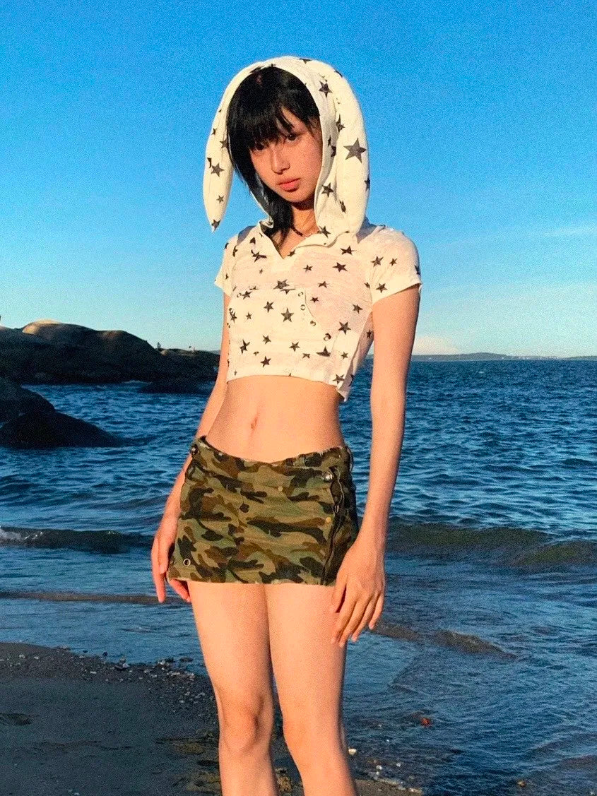 Karrram Japanese Y2k Hooded T-shirt Vintage 2000s Style Rabbit Ears Tops Harajuku Star Print Short Sleeve T Shirt Korean Popular