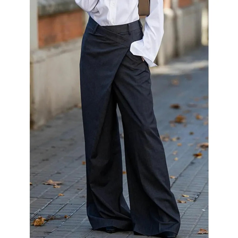 Trendy Women's Solid Color Commuter Pants 2025 Autumn New High Waist Asymmetric Wide Leg Trousers Casual Streetwear Pants