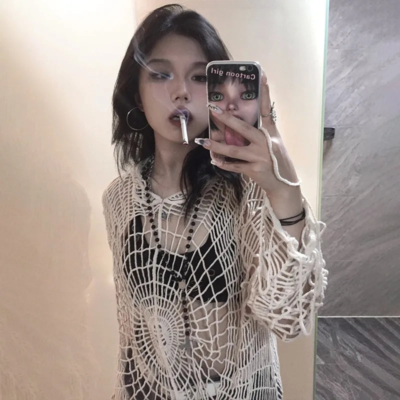 Karrram Japanese Y2k Hollow Out Knitted Top Trashy 2000s Style Spider Web Pullover Vintage Harajuku Hole Hooded Knitwear Grunge