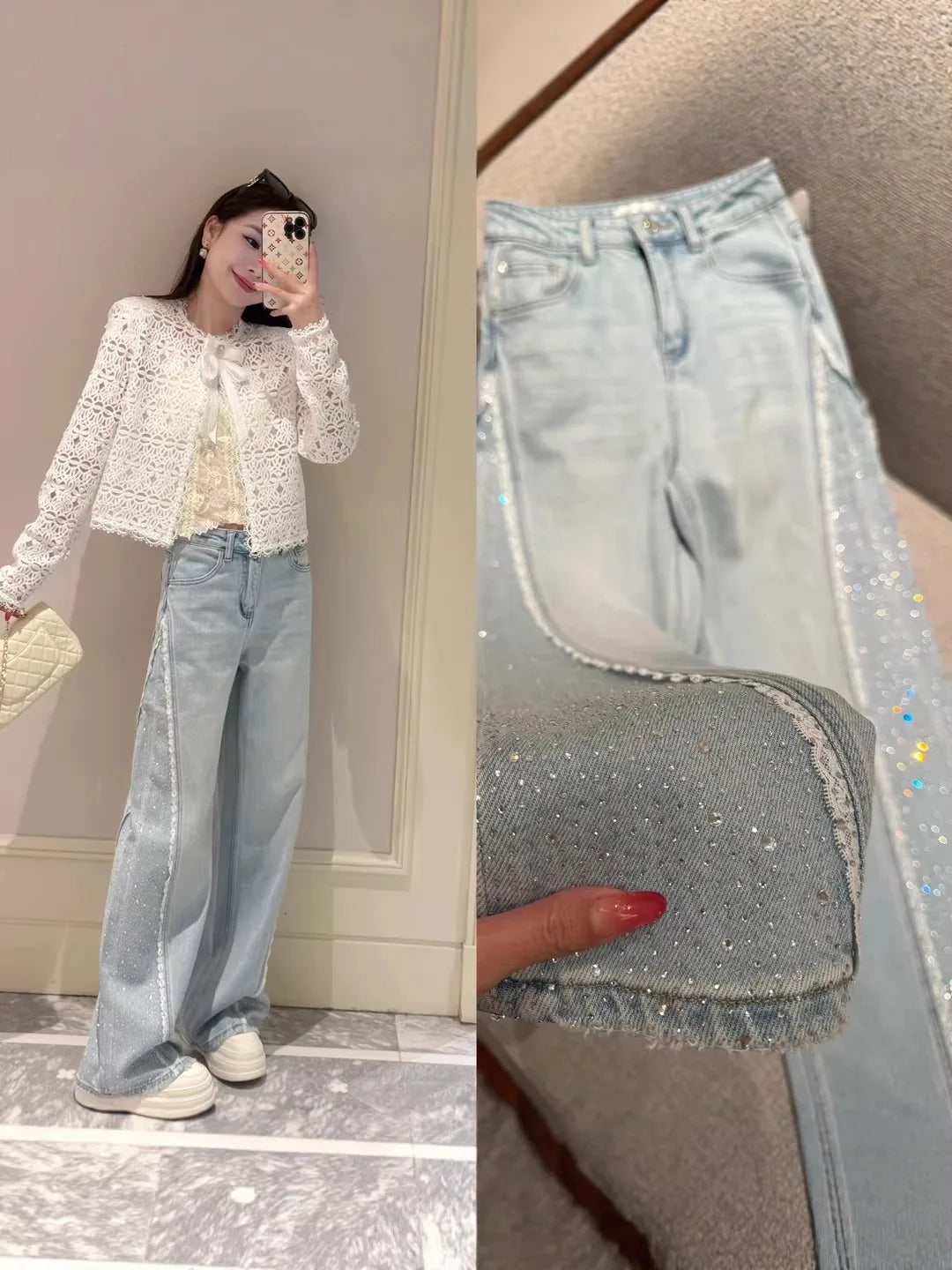 Heavy Rhinestone Embellished Washed Denim Straight Leg Jeans for Women
