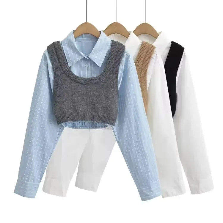 Joskaa Women Lapel Long Sleeve Single Breasted Cropped Shirt with Knitted Vest 2 Piece Set 2024 Summer Fashion Tops Streetwear