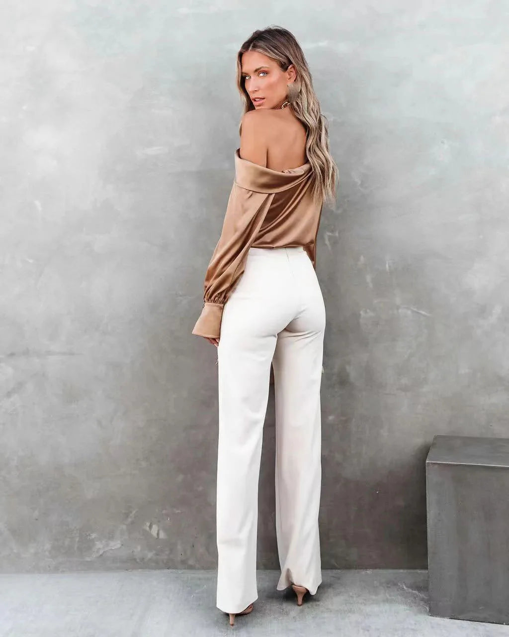 Women Fashion Sexy Slash Neck Satin Blouse Solid Color Long Sleeve Off Shoulder Office Shirt Lady Casual Loose Blouse Tops