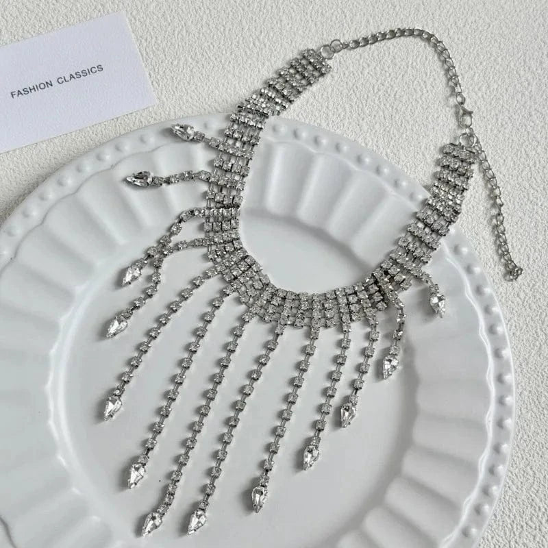 Luxury Crystal Exaggerated Water Droplet Tassel Necklace Women's Fashion Collarbone Chain
