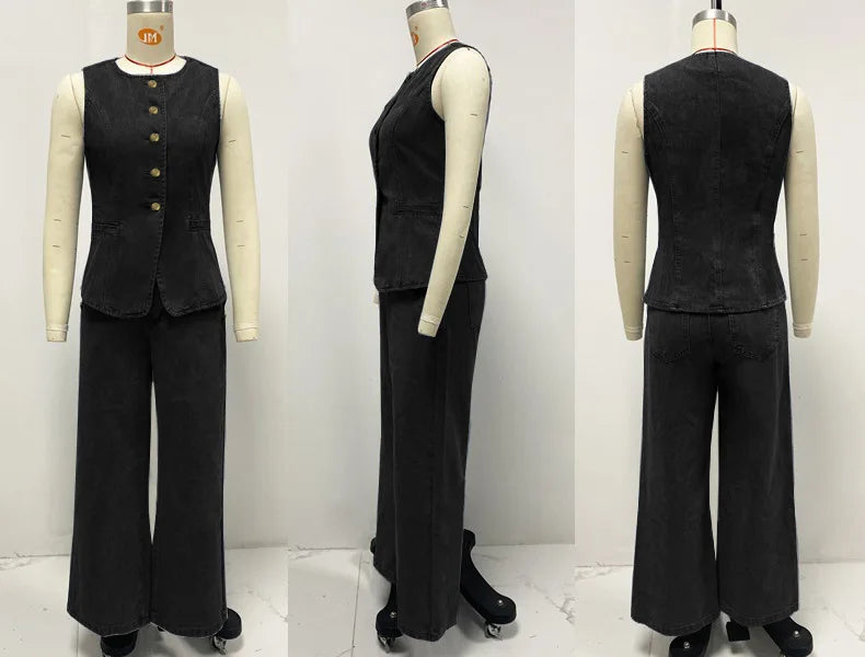 Streetwear Denim 2 Piece Sets Women Outfit Summer Clothes Women 2025 Sleeveless Vest Top Wide Leg Pants Sets Jeans Two Piece Set