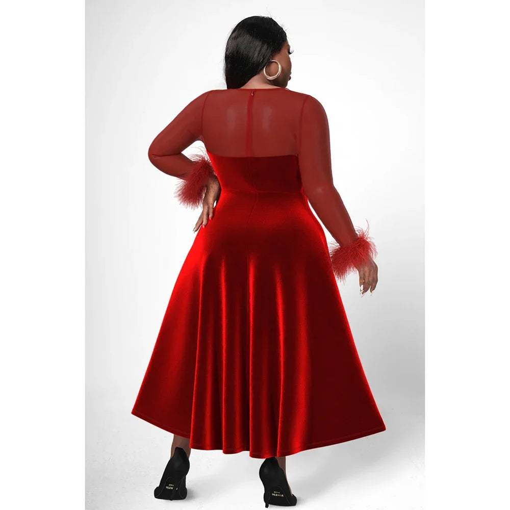 Plus Size Party A-line Midi Dresses Elegant Red Fall Winter Crew Neck Long Sleeve See Through Velvet Midi Dresses
