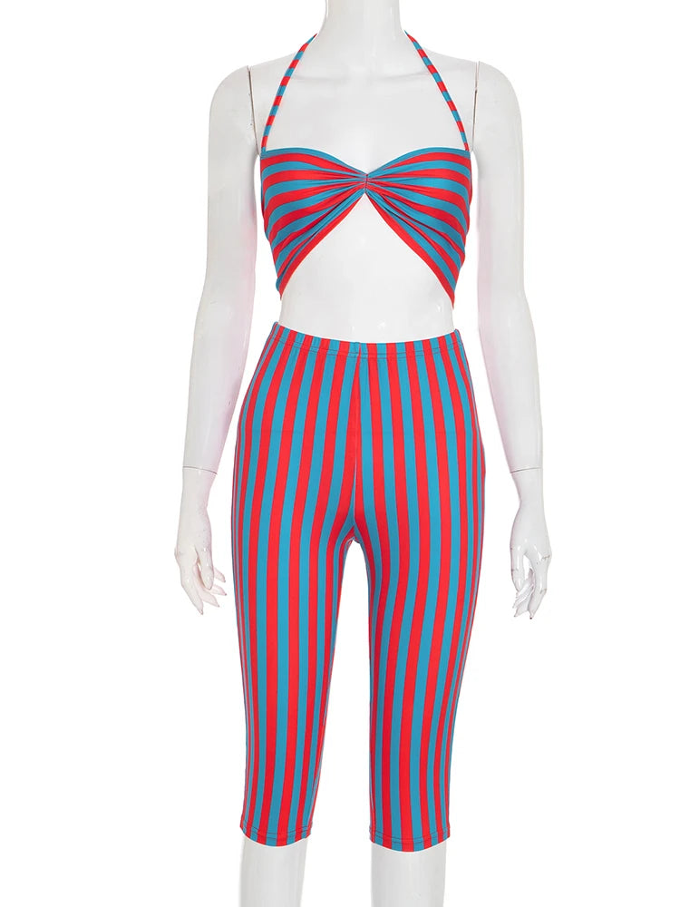 Weird Puss Sexy Stripe Patchwork 2-Piece Set Women Halter Chest Wrapped Camisole+Skinny Mid Pants Matching Hottie Beach Outfits