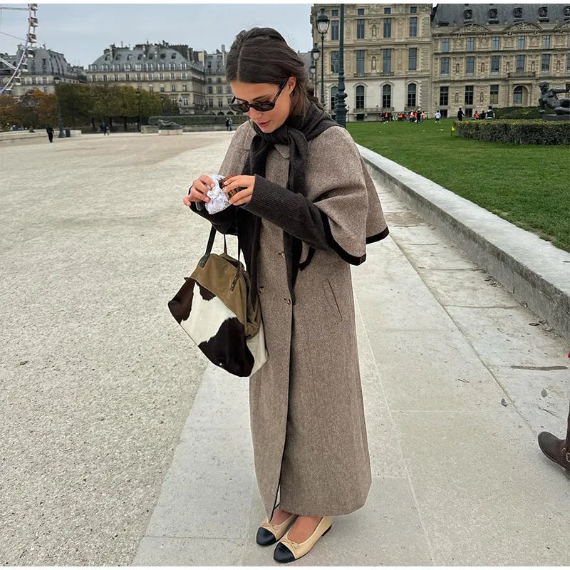 Double Breasted Women's Woolen Cape Overcoat Elegant Short Sleeve Oversize Female Coat 2025 Autumn Winter New Lady Stretwears