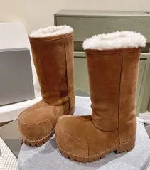 Suede Warm Winter Snow Boots Knee High Big Round Toe Flat With Outdoor Fashion Concise Luxury Sexy Novelty Slip-On Shoes Newest