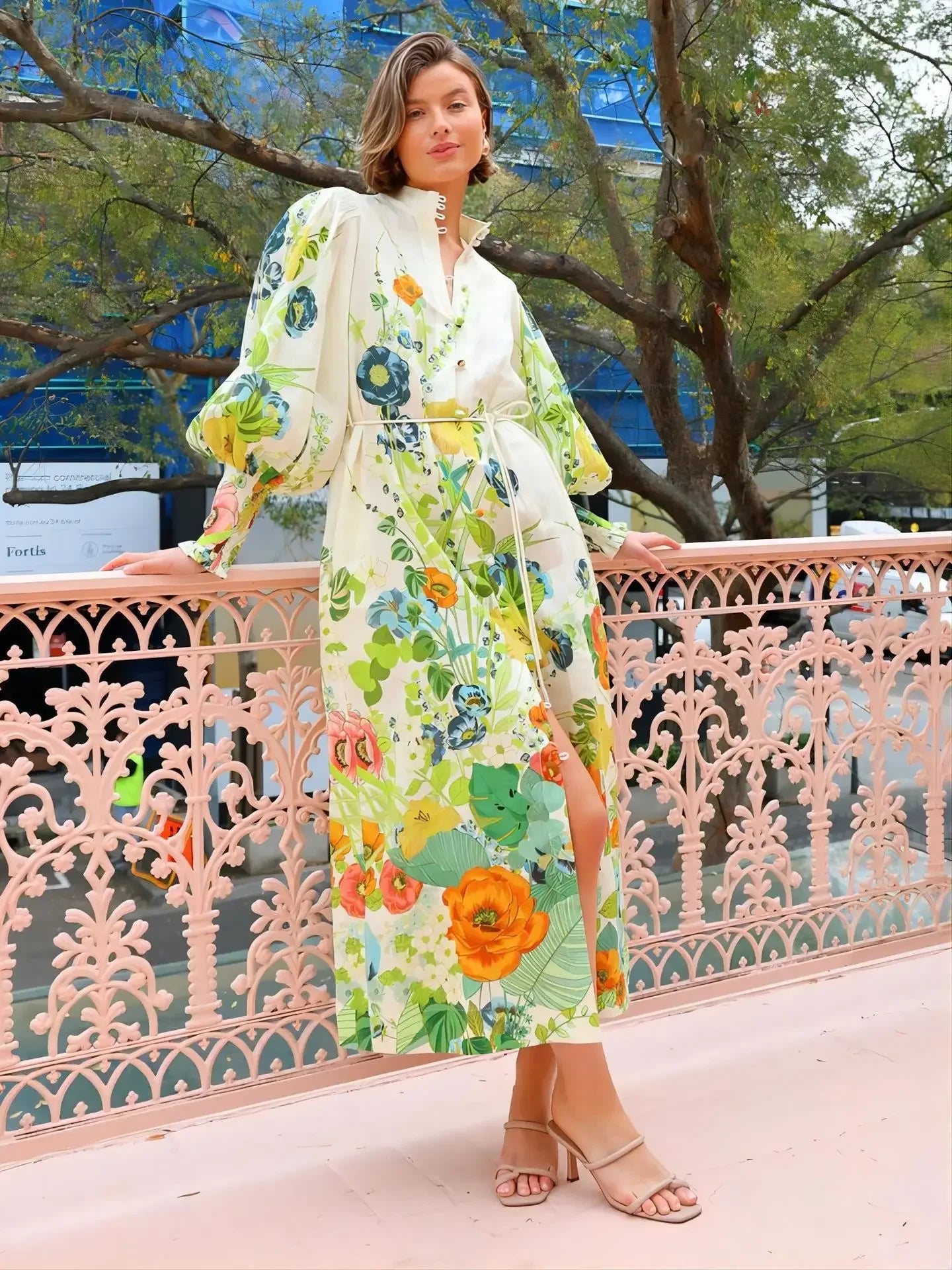 Waist-Cinching Long Lantern Sleeve Printed Dress with Belt Single Button Closure Independent Station Cross-Border Hot Sale Of Th