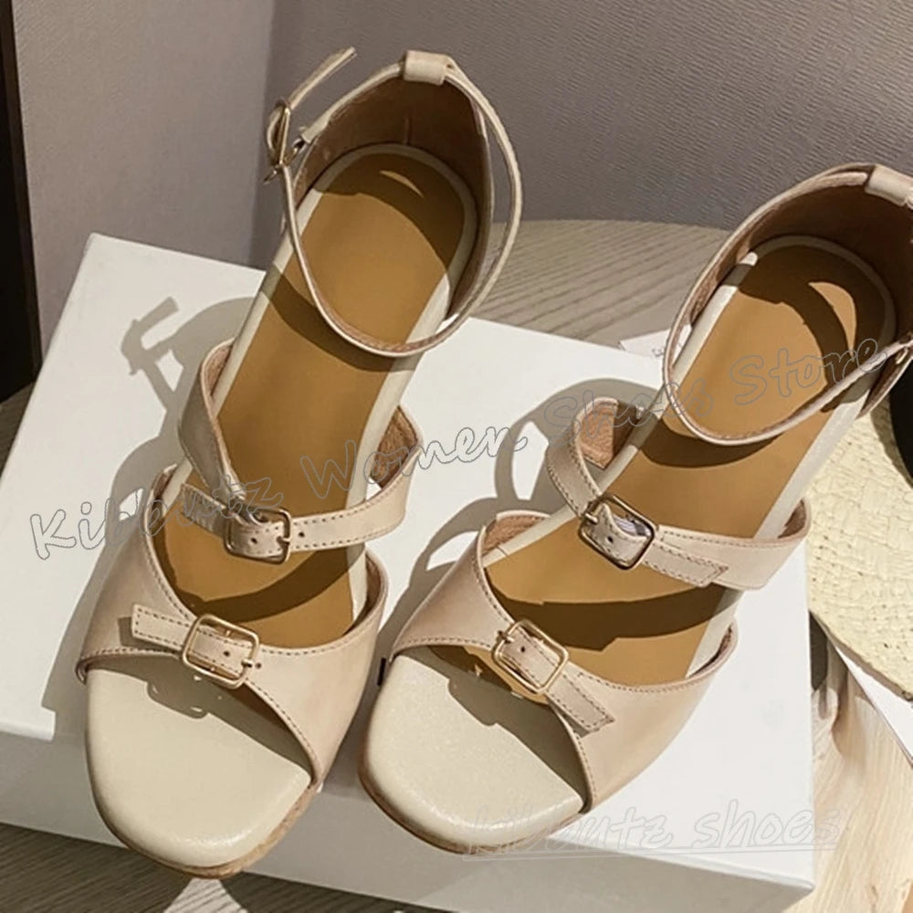 Wedges Sandals Round Toe Belt Buckle Leather Mixed Color Novelty Fashion Elegant Concise Sexy Women Summer Beach Party Shoes New