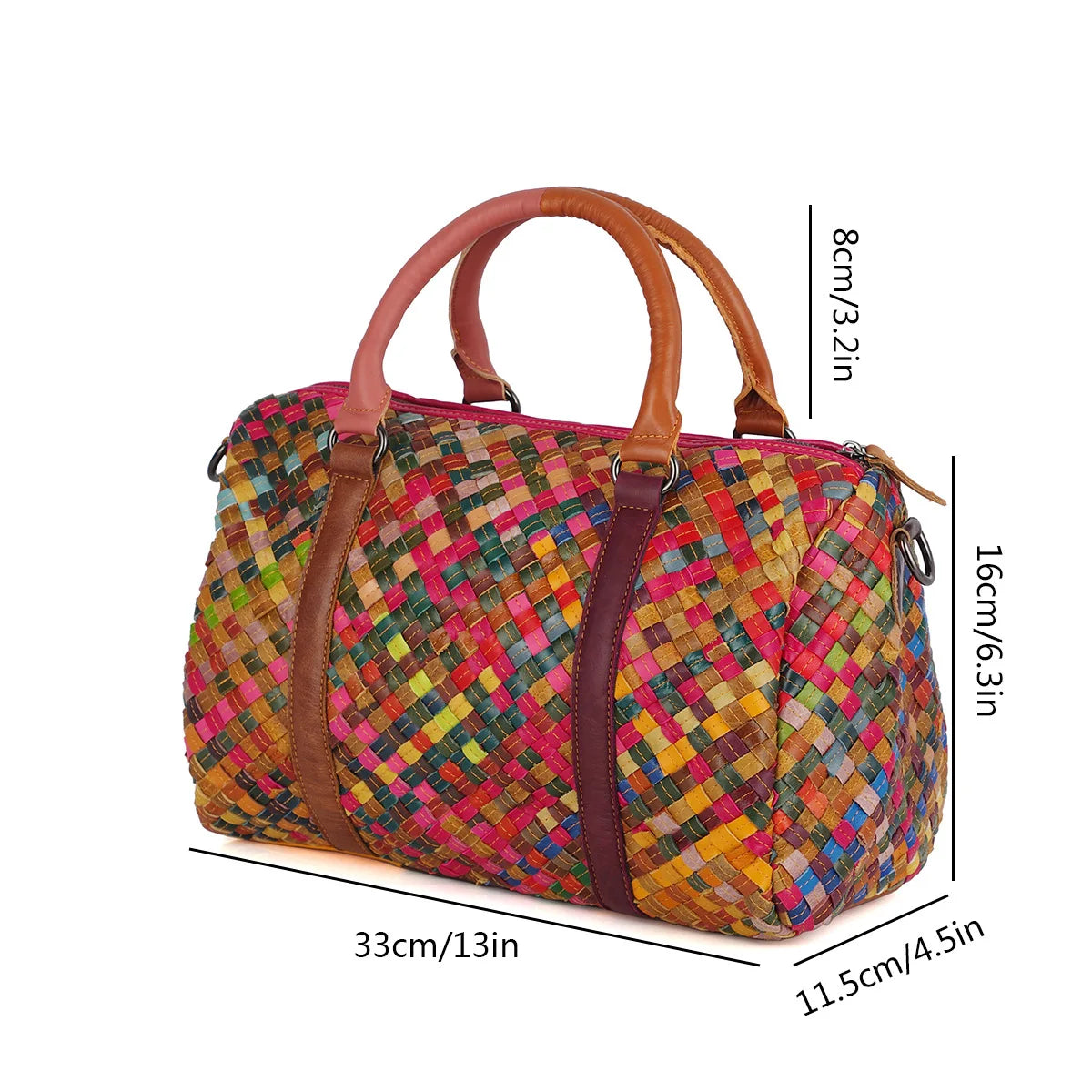 Woven tote bag, genuine leather, women's bag, cowhide, colorful retro casual buckle, women's hand-held multi-layer crossbody bag