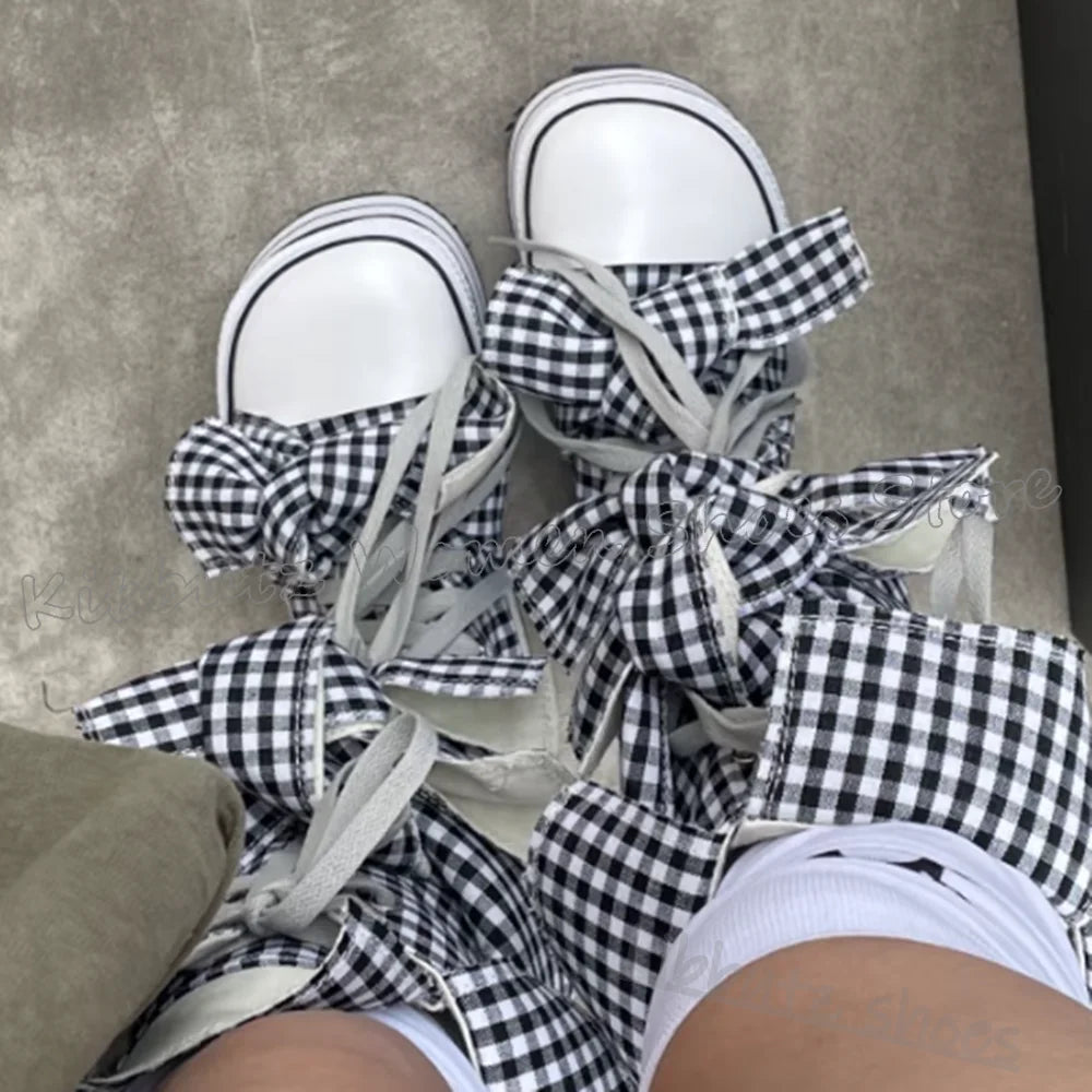 Checkered Canvas Boots Knee High Platform Lace-Up Mixed Color Fashion Elegant Luxury Novelty Women Shoes Round Toe Thick Bottom