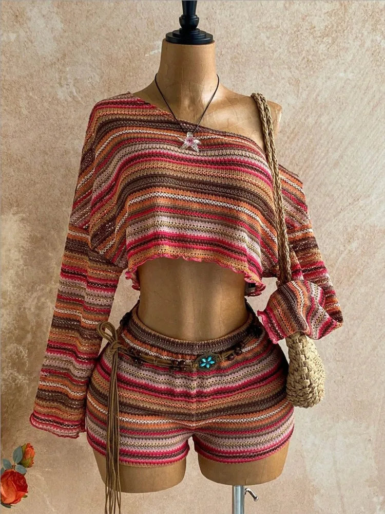 Slanted Shoulder Knit Two Piece Shorts Set for Women