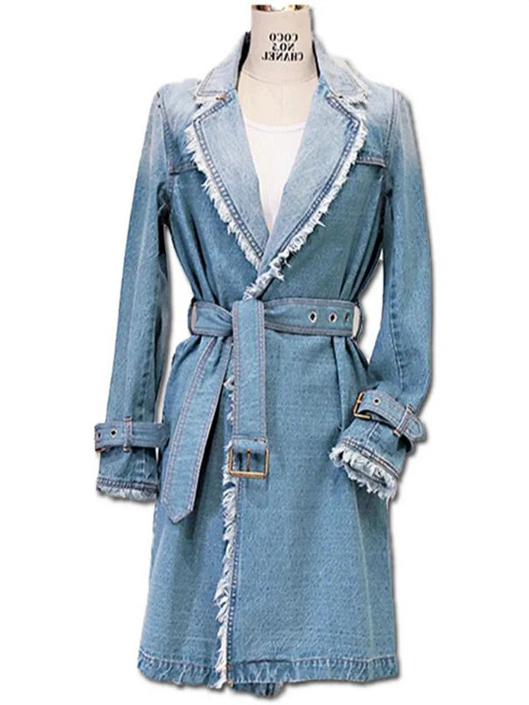 Relaxed Fit Denim Trench Coat With Waist Belt For Women