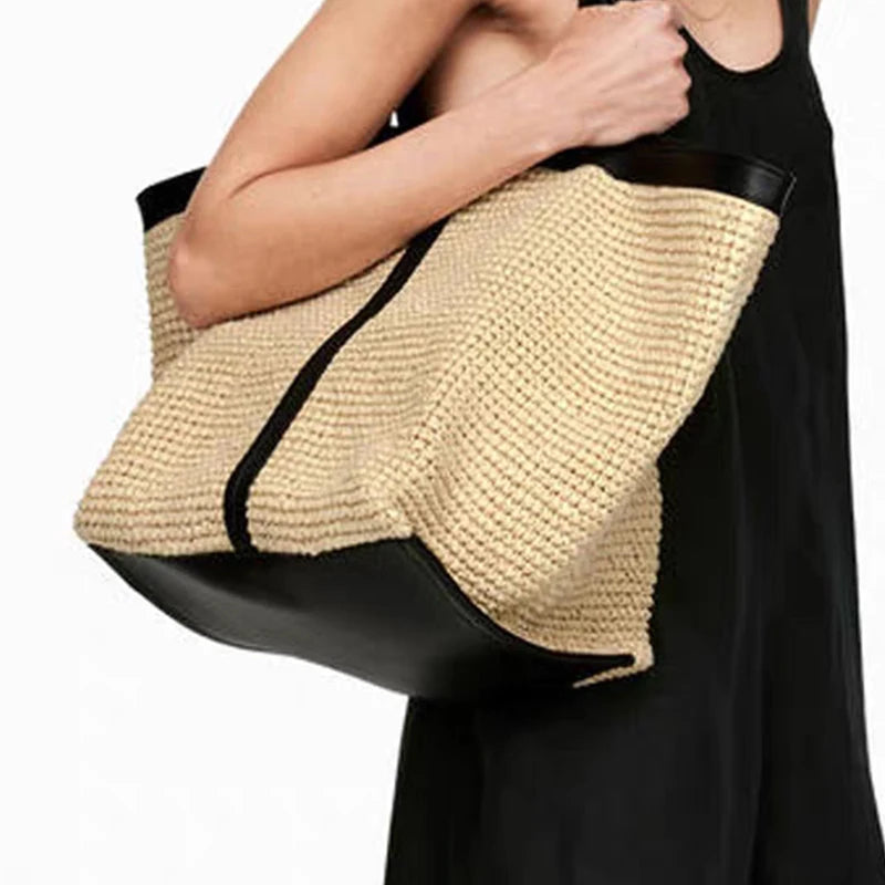 New Brand Woven Women's Tote Bag Large Capacity Splice Versatile Woven Beach Bag Fashion Single Shoulder Straw Bag Underarm Bag