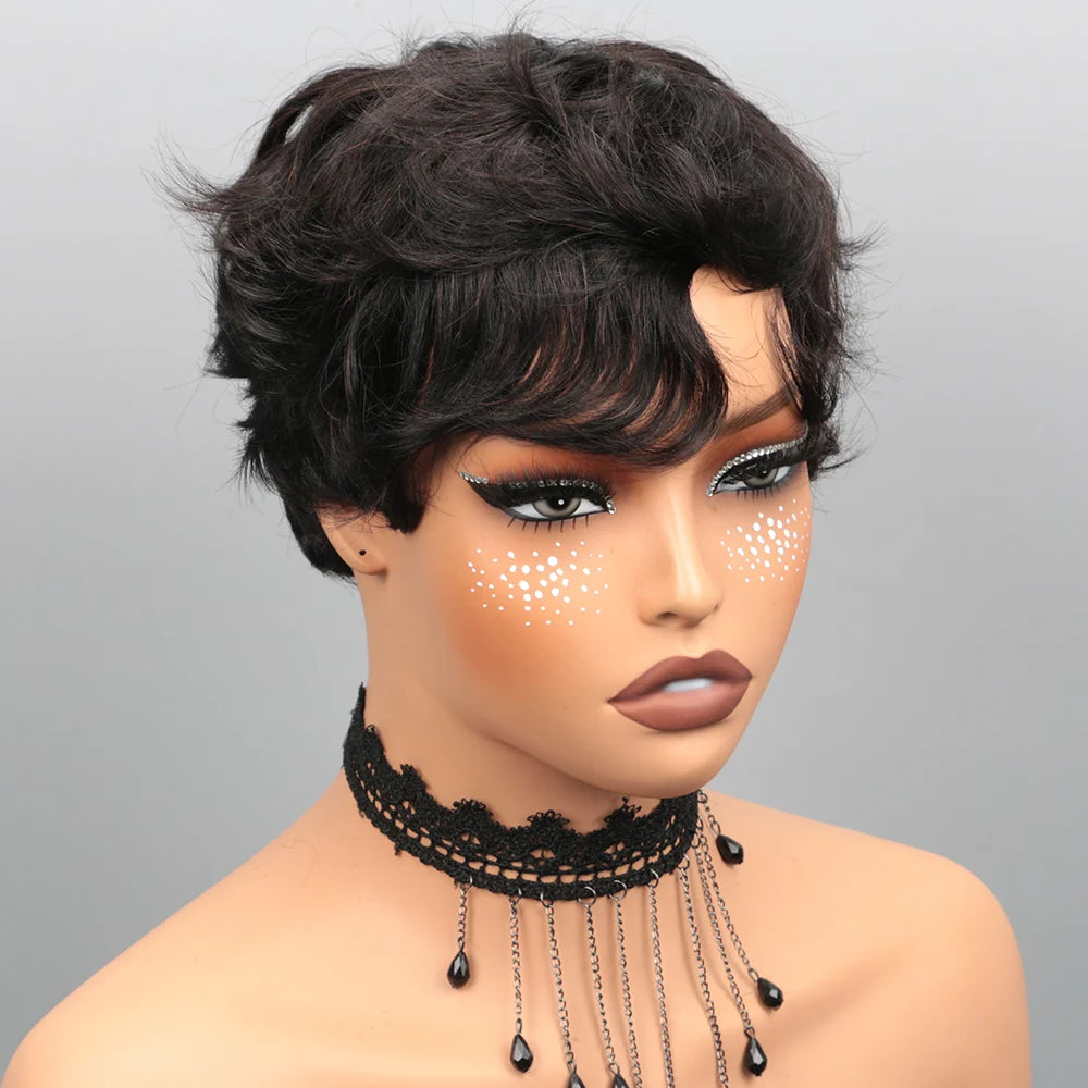 Pixie Cut Wig Human Hair Wig for Black Women Short Bob Wig Short Layered Pixie Cut Wigs Glueless Wig with Bangs