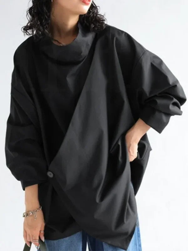 Gymystars 2025 New White Long Sleeves Loose High Neck T-Shirts Tops Womens Autumn Buttoned Casual Simpie Top
