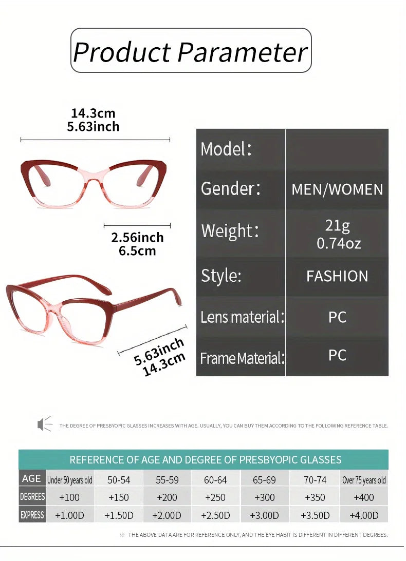 Elegant Cat Eye Reading Glasses for Women - Chic Color Block Frame Clear Lens Fashionable Computer Screen Presbyopia 1.0 to 4.0