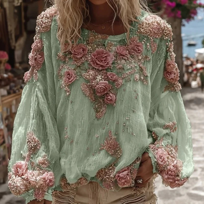 Flower Print Long Sleeved Breathable Autumn Shirts Female O Neck Loose Bohemian T-shirts 2025 Casual Holiday Beach Top Blouses