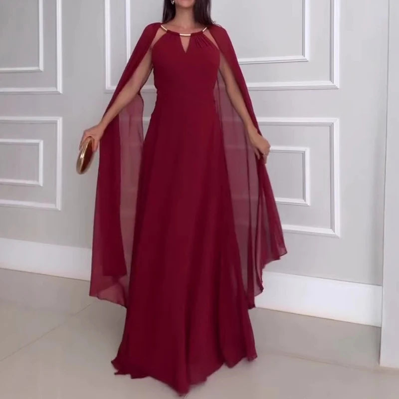 New 2025 Chiffon High Waist Pleated Long Dress Women's Fashion Cocktail Dress Elegant O-neck Flying Sleeves Solid Evening Dress