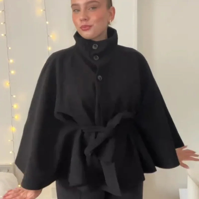 Womens Short Cape Coats For Women Belt Faux Wool Blends Coats Autumn Winter Solid Coats Elegant Cloak Jacket Ladies 2025