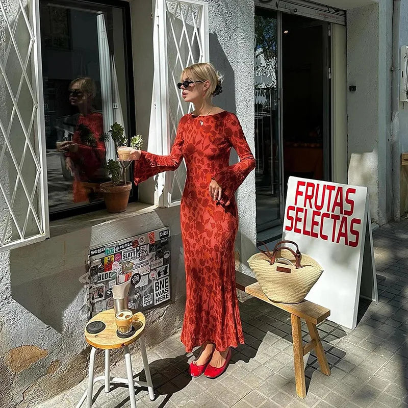 Temperament printed crewneck basic dress female fall style fashion elegant slim dress