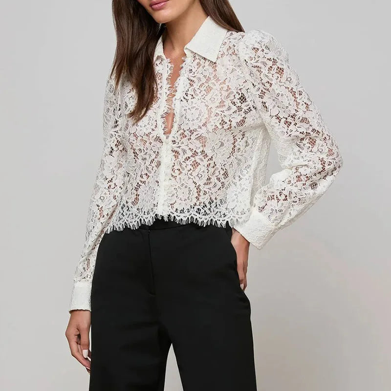 New Elegant Embroidered Solid Color Tees Autumn Sexy Perspective Slim Club Tops Blouses Fashion Lace Long Sleeved Women's Shirt