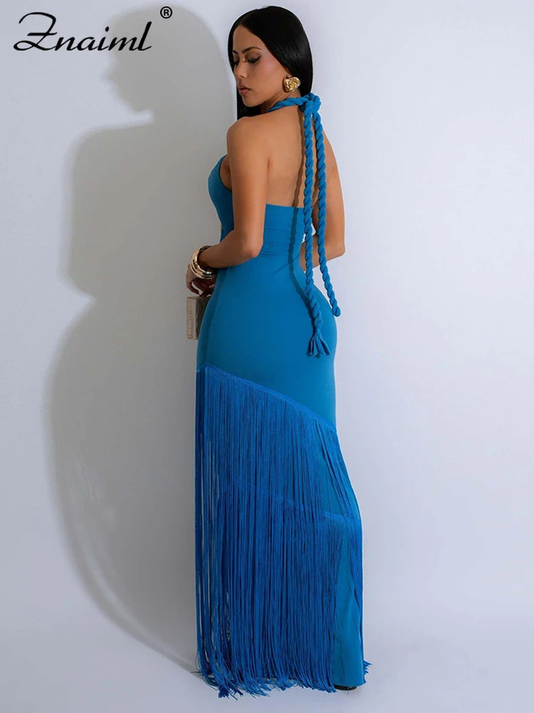 Znaiml Sexy Halter Backless Tassel Bodycon Blue Maxi Dress for Women Elegant Celebrity Birthday Party Evening Prom Formal Robe