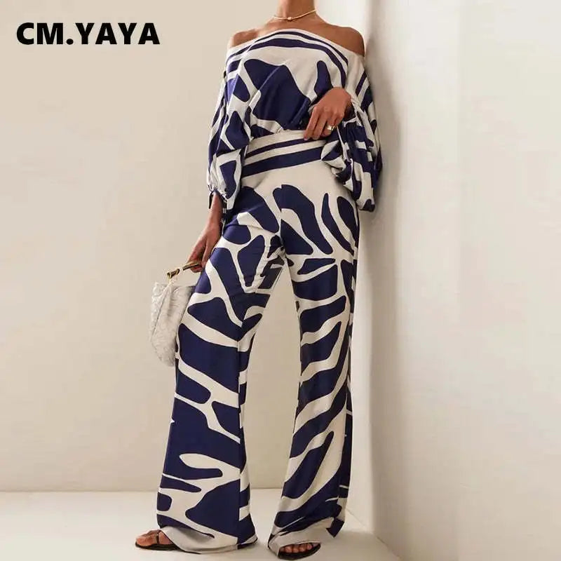 CM.YAYA Women Set Full Batwing Sleeve Slash Neck print Top + Wide Leg Pants Summer Street Two 2 Piece Sets Sexy Outfit Tracksuit