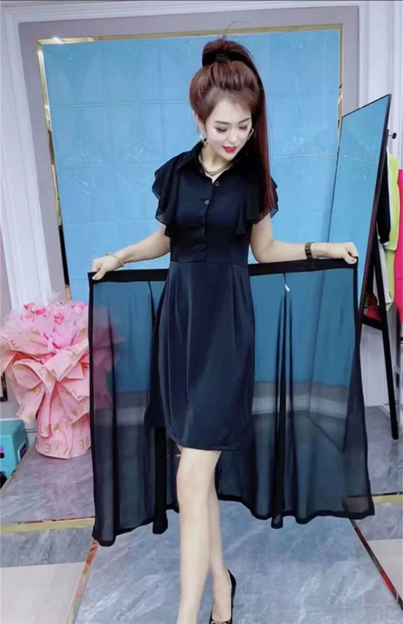 Fashion Dress Set Women's 2024 Summer New Polka Dot Style Sweet and Slim Ruffle Dress+Apron Two Piece Set Black V-Neck Dress Lad