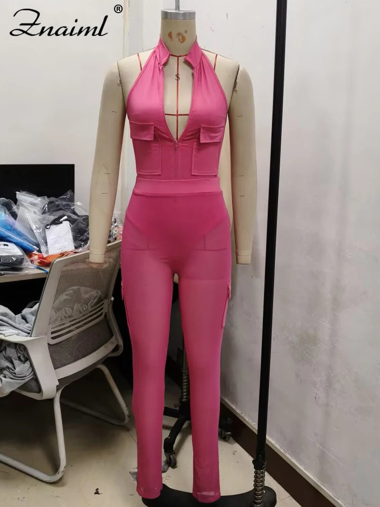 Znaiml Women's Two 2 Piece Pants Sets Sexy Deep V-neck Halter Sleeveless Backless Pocket Tops and Mesh Trousers Night Club Suit