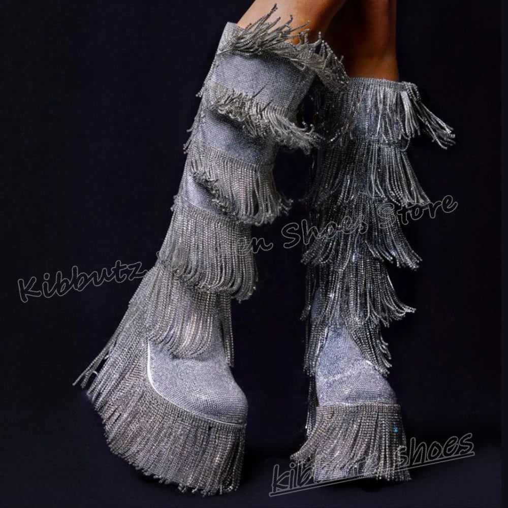 Bling Knee High Boots Platform Glossy Round Toe Thick Bottom Zipper Fashion Luxury Elegant Concise Sexy Novelty Women Shoes New