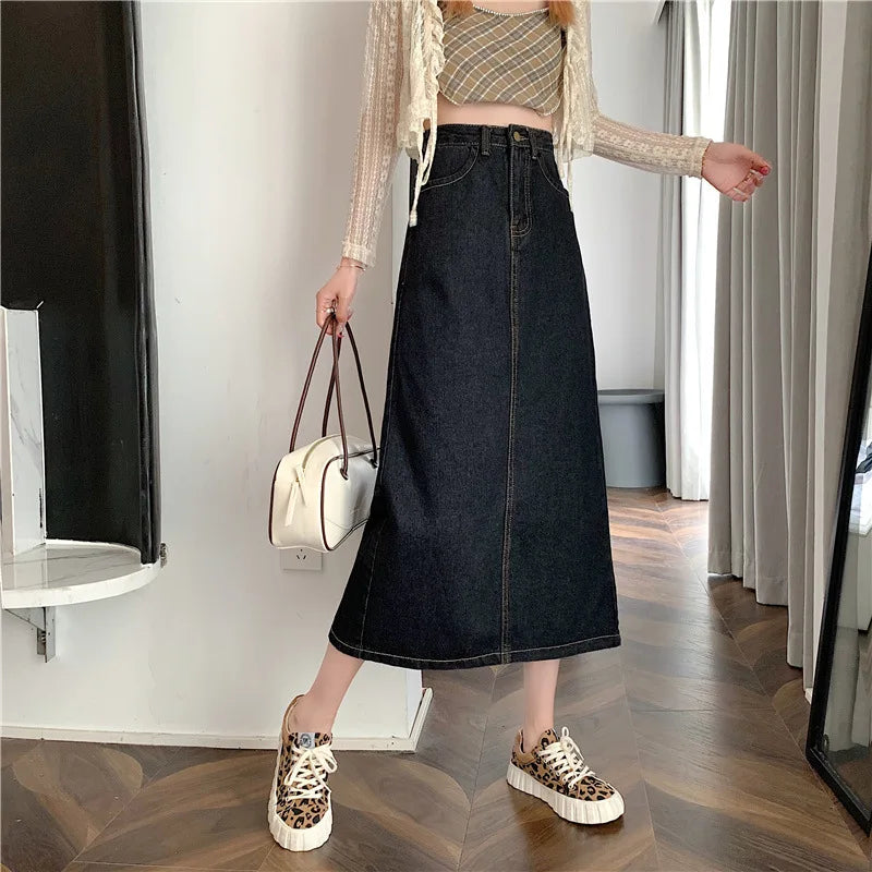 New 2022 Spring-Autumn Medium-Length Denim Skirt For Women High-Waisted Slimming Plus Size Curvy Girls A- Line Hip Covering Skir