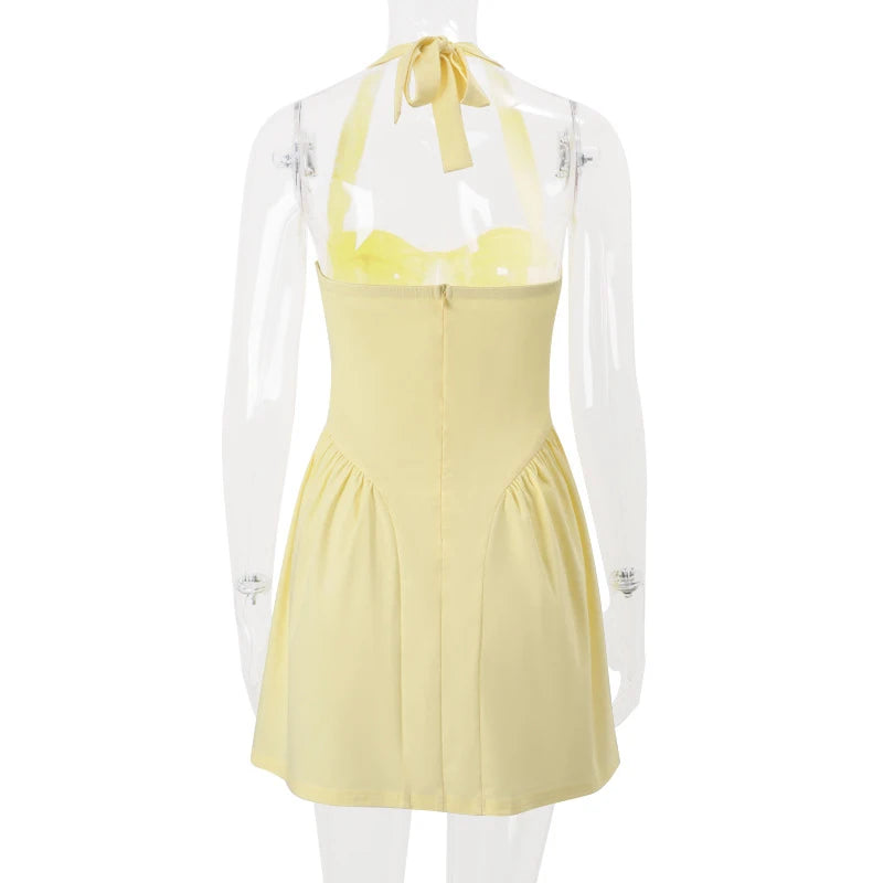 Lace Patchwork Off Shoulder Pleated Club Party Dress Sexy Women's Chest Wrap High Waist Short Dresses Summer Small Yellow Dress