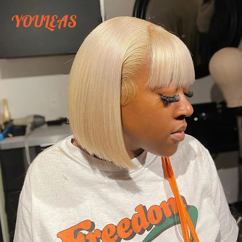 613 Blonde Short Bob Straight Transparent Lace Closure Glueless Wig Human Hair Ready To Wear With Bangs Pixie Cut Bob Wigs