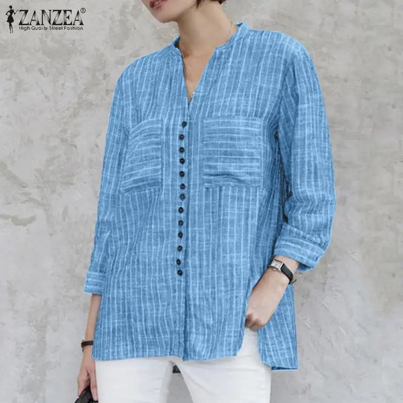 ZANZEA Fashion Stripe Printed Shirt Summer 3/4 Sleeve V-Neck Blouse Female Casual Blusas Mujer Woman Elegant Loose Korean Tops