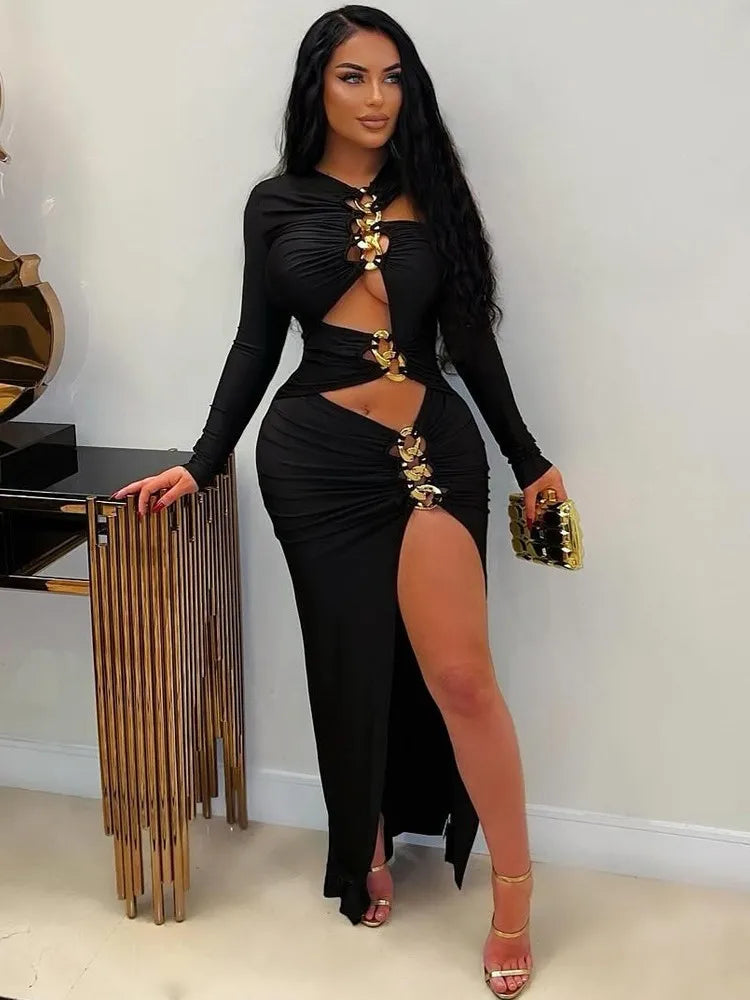 Joskaa Elegant Metal Decoration Hollow Birthday Dress Woman Sexy Irregular Full Sleeve High Split Maxi Dresses 2025 Clubwear