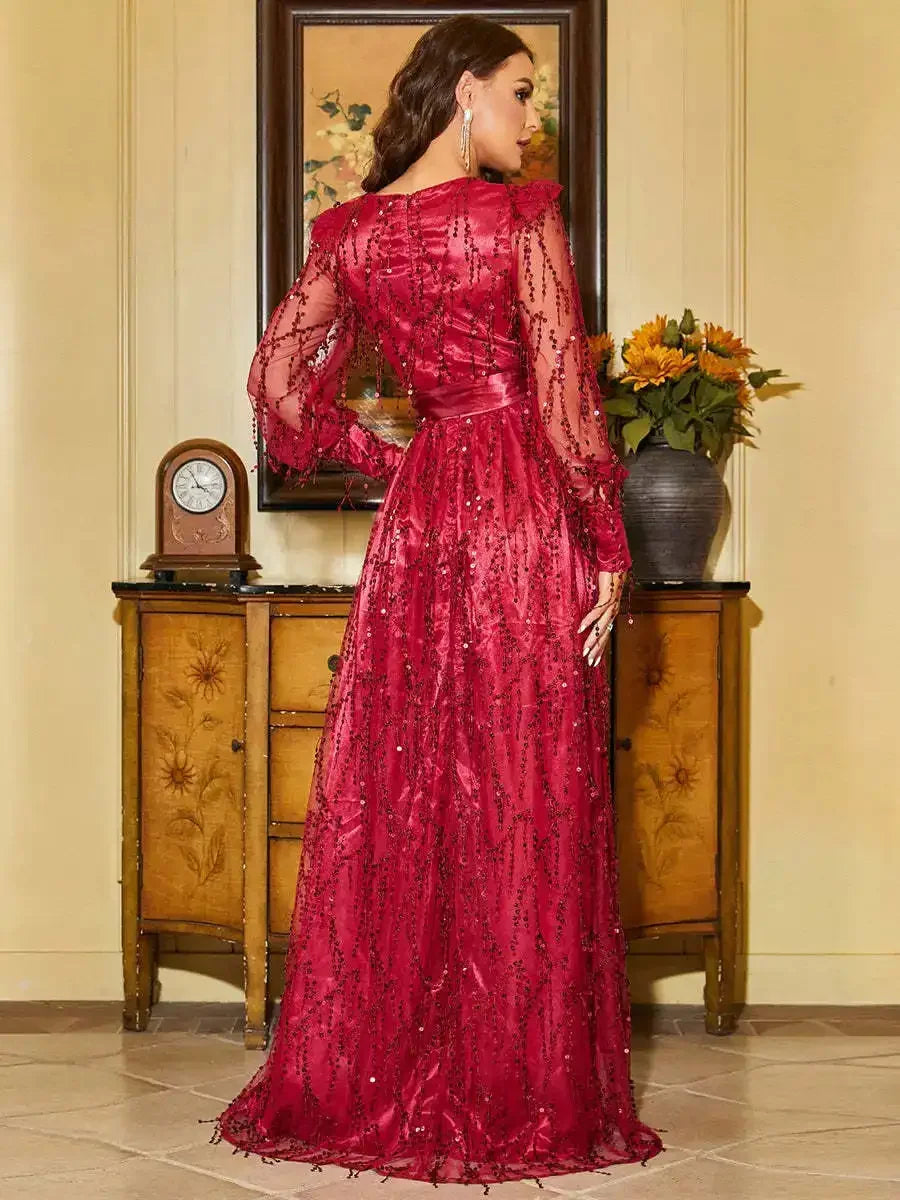 2024 Women's Autumn New Black Silk Mesh Sequins Long Evening Dress Brightly Stated Gown For Special Occasions Formal Affairs