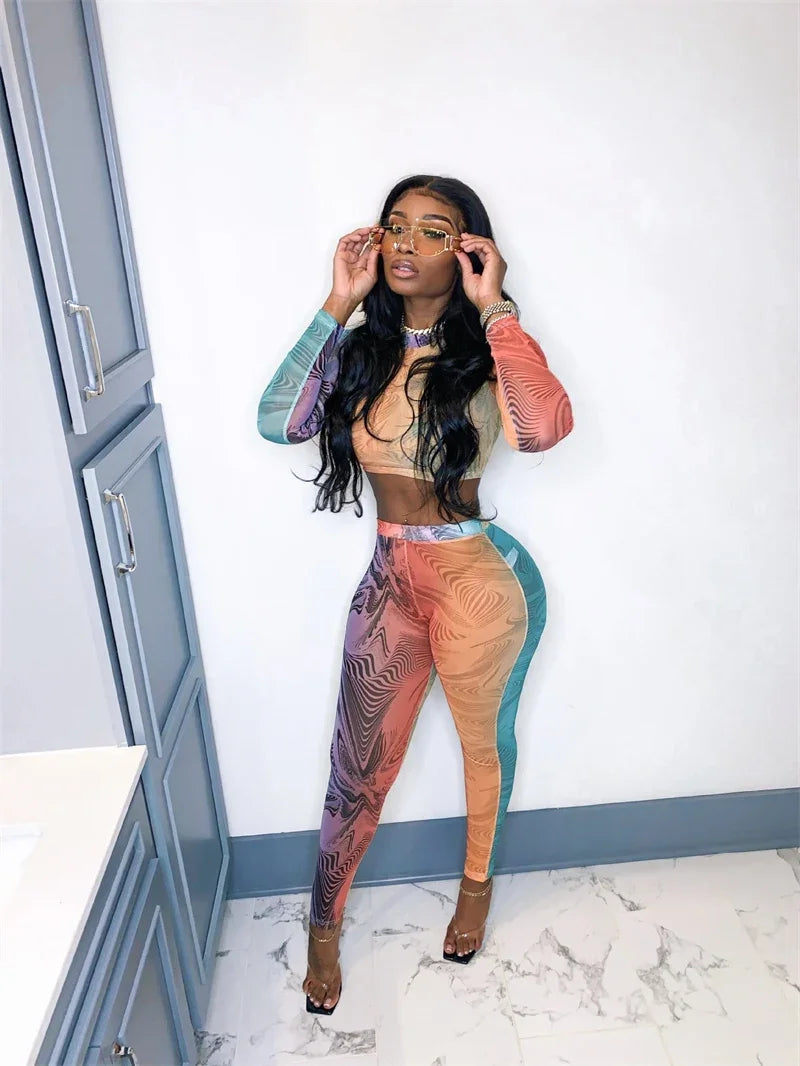 Printing 2 Piece Outfit Set Women Clothing Sportwear Fitness Skinny Long Sleeve Top and Pants Leggings Matching Sets Tracksuit