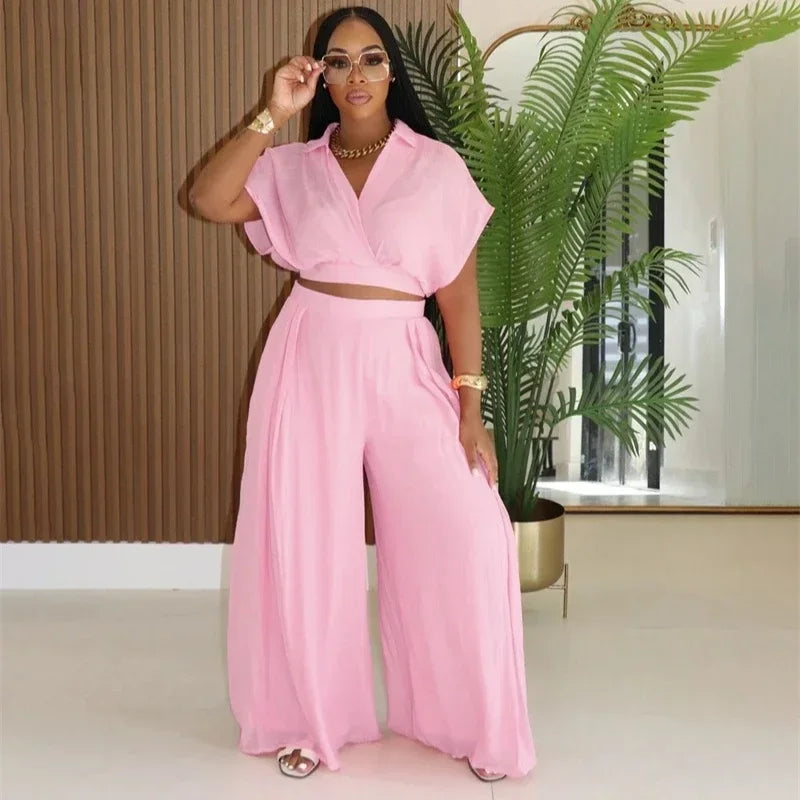 Relaxed Casual Crop Top And Wide Leg Pants Set for Women