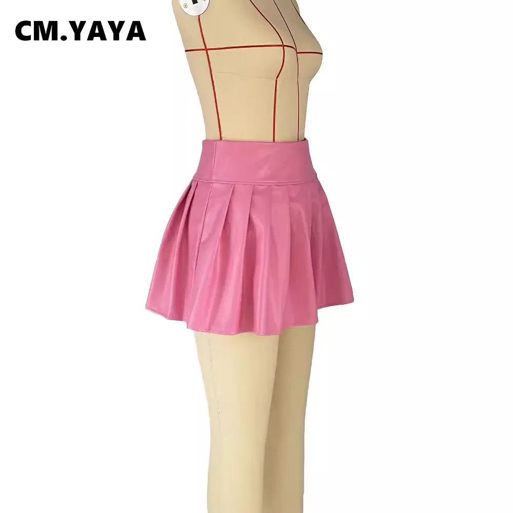 CM.YAYA 2024 Summer Women PU Leather Sexy Pleated Mini Skirt Street Sute Girl Holiday basic Zipper Night Party Club Skirts