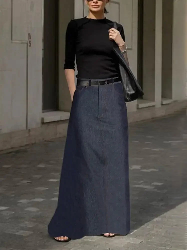 Fashion Imitation Denim H-Line High Waist Skirts Spring Summer Loose Solid Color Pockets Maxi Skirt For Women