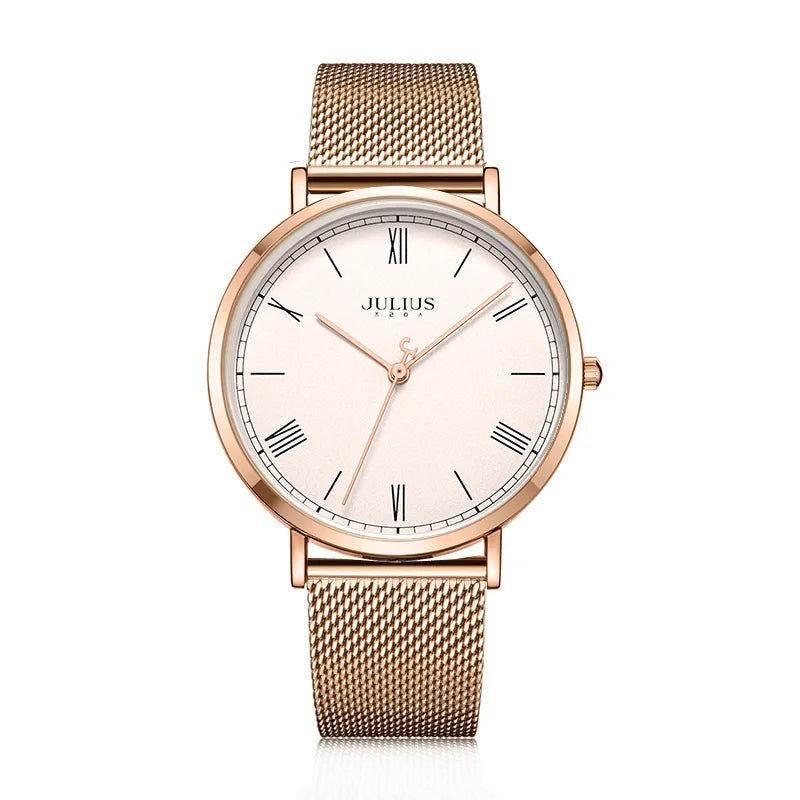 New Julius Women's Watch Fine Fashion British Plaid Style Hours Dress Bracelet Real Leather Clock Girl Birthday Gift Box