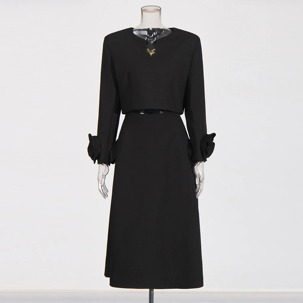 TWOTWINSTYLE Solid Two Piece Set For Women V Neck Long Sleeve Spliced Appliques Top High Waist Loose Skirt Elegant Sets Female