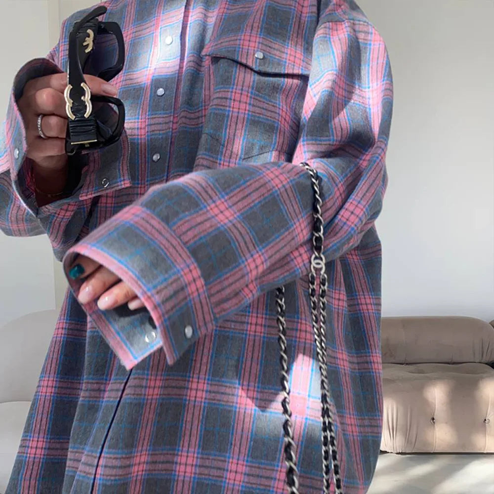 FSMG-Versatile Plaid Shirt For Women, Red Bright Grid, Oversized Blouse, Leisure And Fashionable Top, Spring And Autumn Seasons