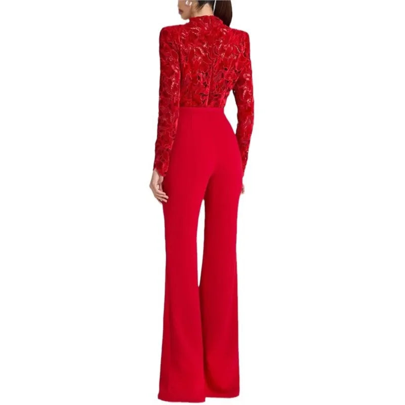 Embroidery Lace Red Jumpsuits Women Sexy Slim Long-sleeved Belt High Waist Jumpsuit Female 2025 Casual Lady Party Rompers