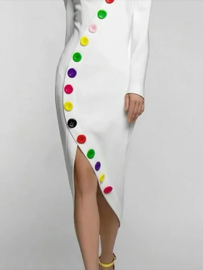 Beautyblue Elegant Woman Ceremony Dress Midi Dresses Fashion Buttoned Contrast Color Long Sleeves High Neck White Winter Dress