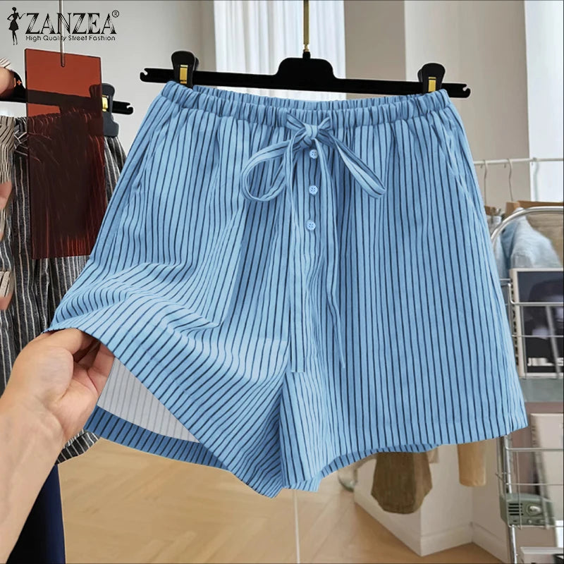 ZANZEA Woman Fashion Striped Shorts 2025 Summer Lightweight Elastic Waist Lace-Up Short Trousers Casual Loose Day Wear Bottoms