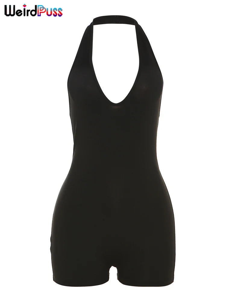 Weird Puss Halter Playsuits Women Fitness Sporty Backless Skinny Sleeveless V-Neck Casual Summer Solid Basic Streetwear Romper