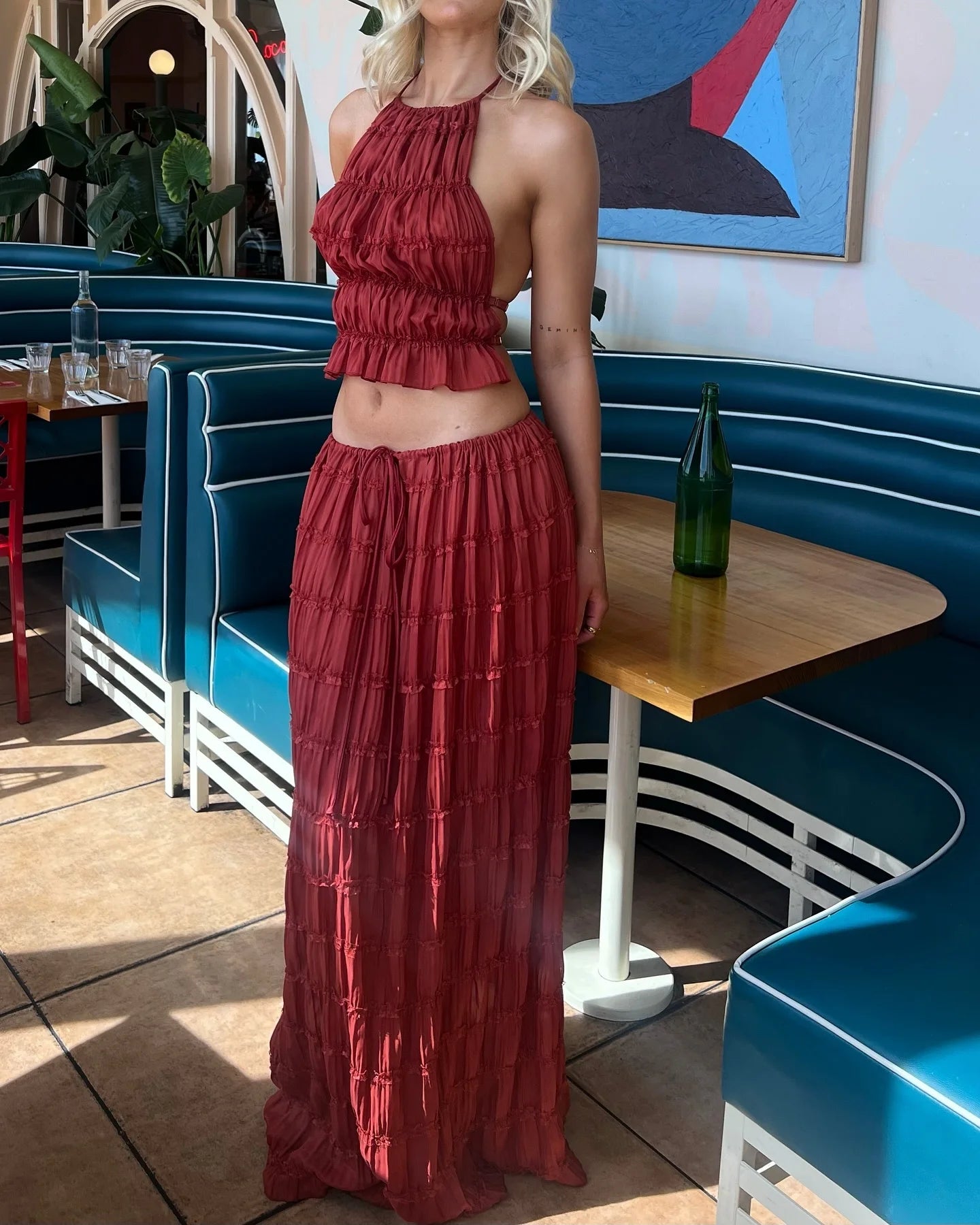 Chic Ruffle Long Skirt 2-piece Set Women Fashion Slim Fit Backless Sleeveless Elastic Halter Vest Suits 2025 Summer Y2k Outfits